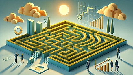 A representation of a square maze with business people around it